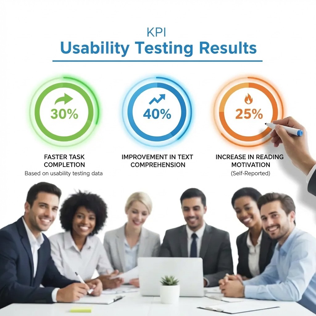 Usability testing results showing 30% faster task completion, 40% improved text comprehension and 25% increased reading motivation